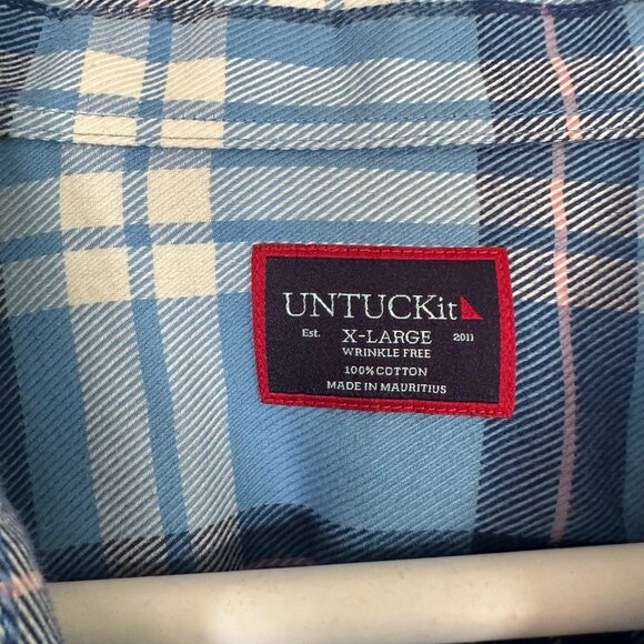 Untuckit 100% Cotton Wrinkle Free Plaid Button Down Shirt Light Blue/Navy XL - Picture 3 of 9